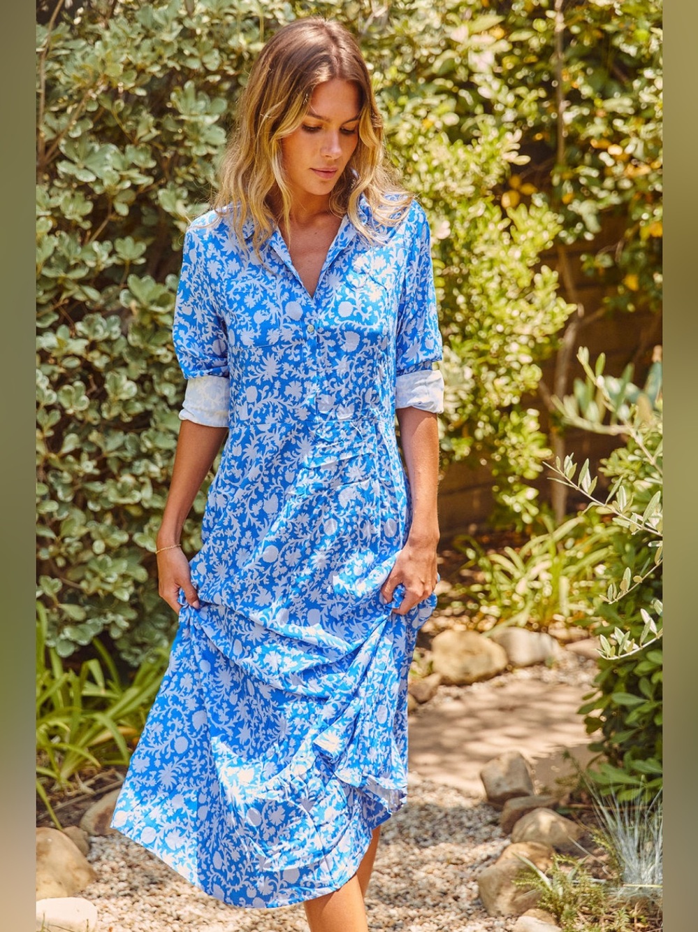 CITRINE LORENA BLUE BLOOMS FLORAL MIDI / MAXI DRESS SZ S - Picture 2 of 8